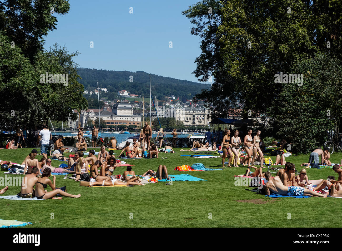 people sunbathing near Zuri lake, Switzerland, Zurich, Stock Photo