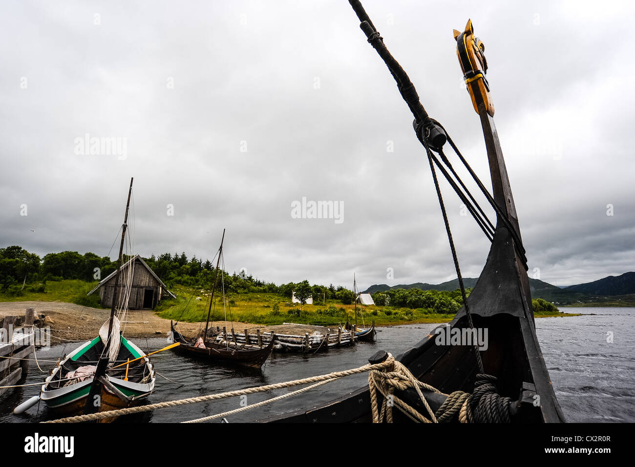 Norway, Lofoten. The Lofotr Viking Museum. Reconstruction of Viking boats. Stock Photo