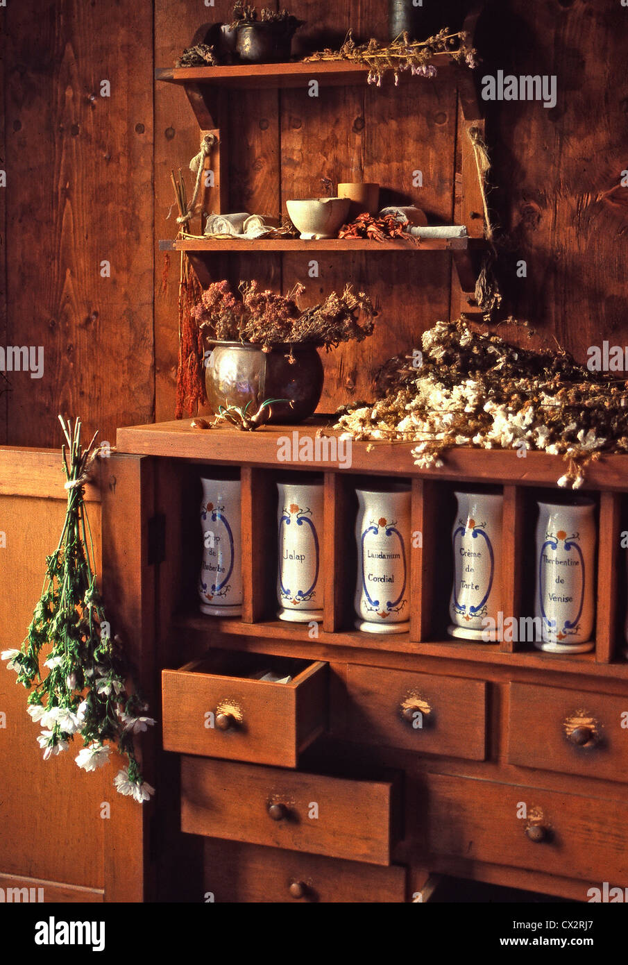 Cabinet display of apothecary jars,Port Royal Habitation, Port Royal, Nova Scotia Stock Photo