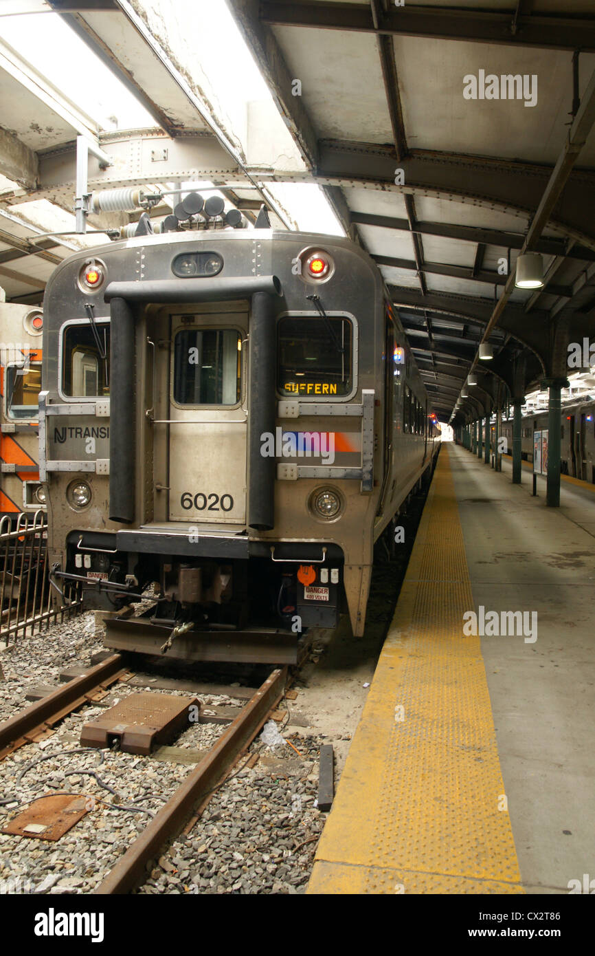New Jersey Transit commuter train at the rail terminal at Hoboken, New