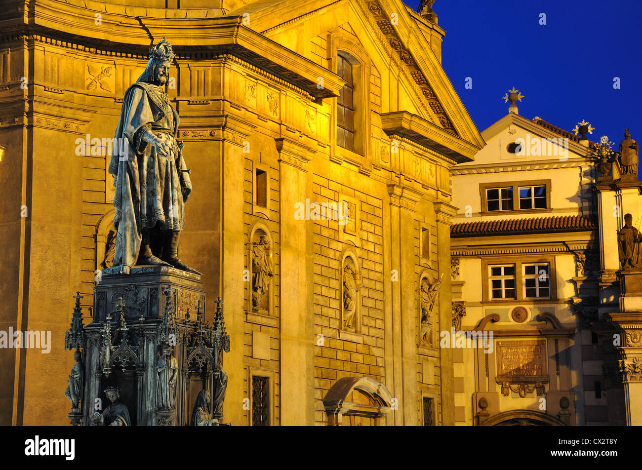 Night shot of the statue of King Charles IV, Knights of the Cross square,Prague,Czech Republic. Stock Photo
