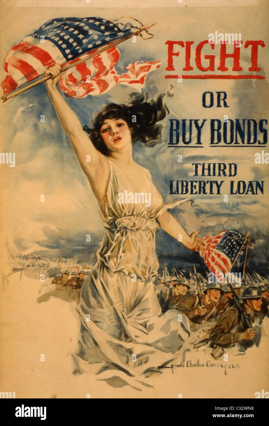 World War I Poster featuring a woman in white waving the American flag. The text reads 'Fight or Buy Bonds.' 1917 Stock Photo