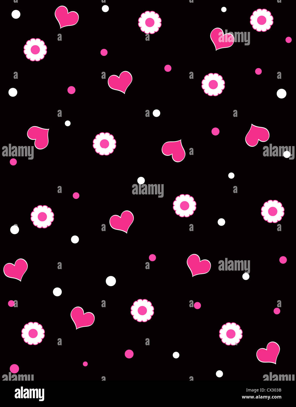 Pink hearts and white flowers pattern on black Stock Photo