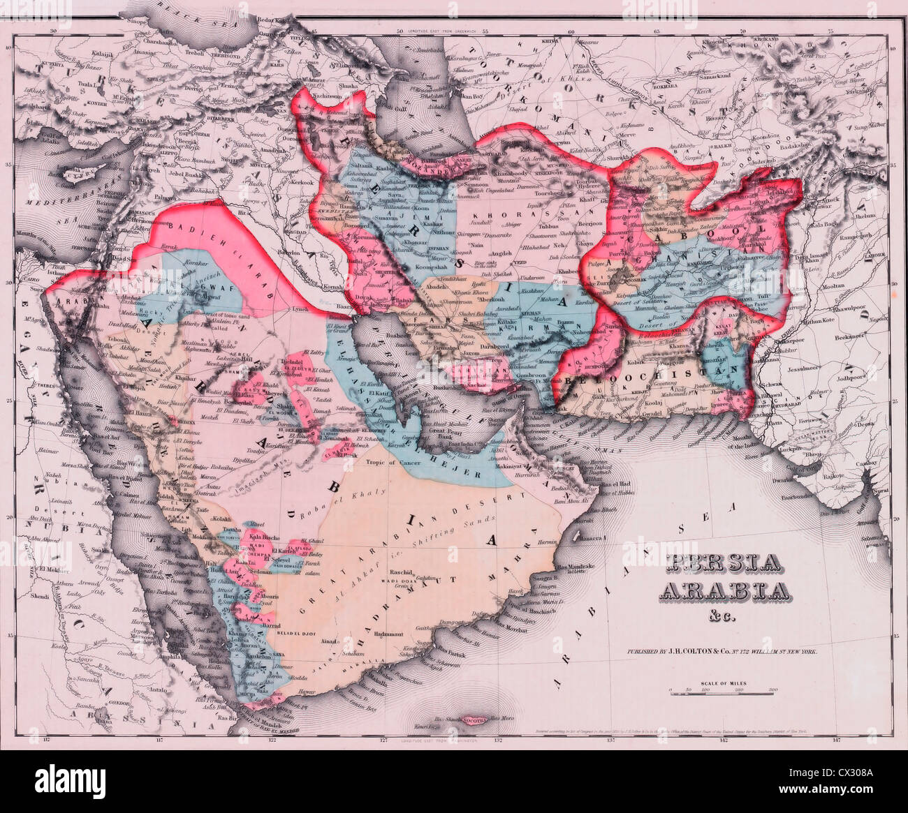 Persia and Arabia Map, circa 1855 Stock Photo