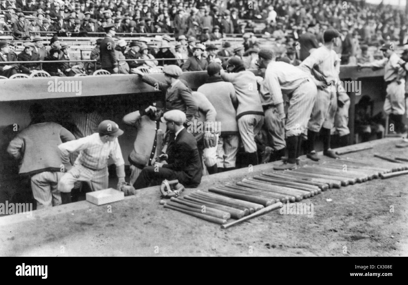 New York Yankee dugout, April 25, 1923. Players in and in front of dugout. Stock Photo