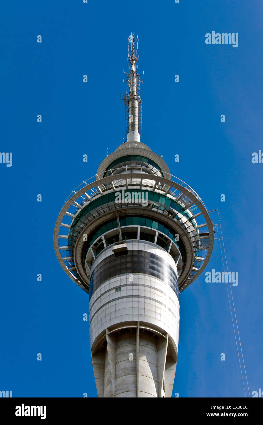 Closeup of the Sky Tower observation platform and space needle looking up, Auckland New Zealand skyline. Stock Photo