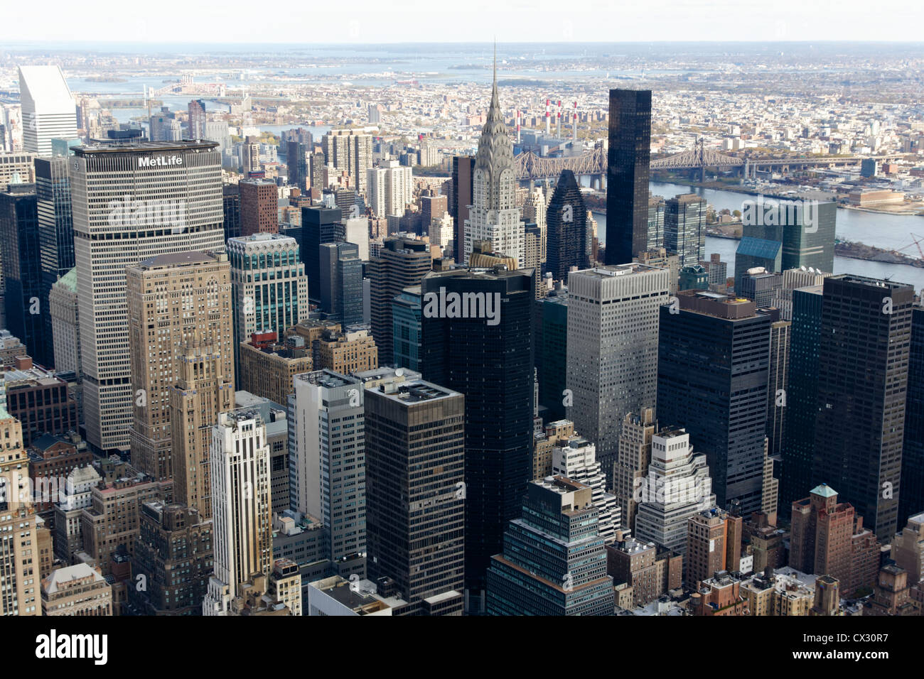 A view of the Midtown Manhattan cityscape from the Empire State Building in New York, NY. Stock Photo