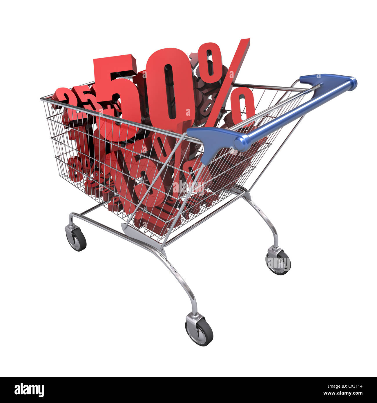 Shopping cart full of discounts, numbers and percentage. Stock Photo