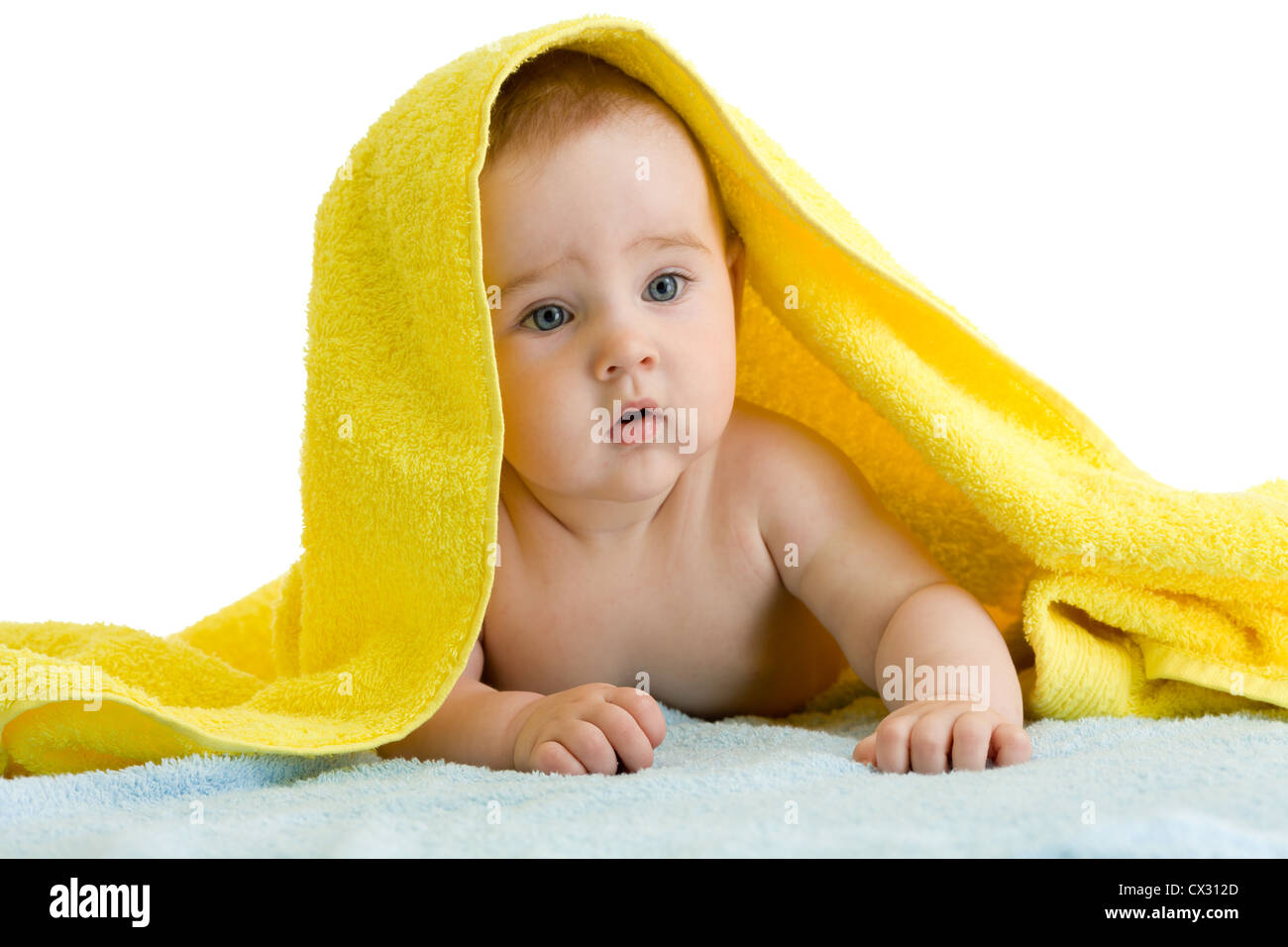 Adorable baby in colorful towel Stock Photo