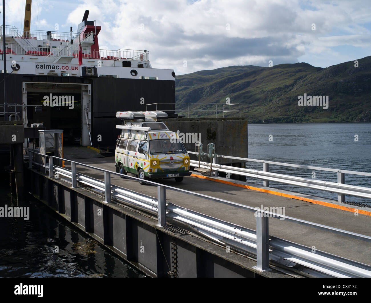 dh ferry terminal ULLAPOOL ROSS CROMARTY Outer Herbrides ferry Isle of Lewis discharging camper van scotland car scottish calmac ferries Stock Photo