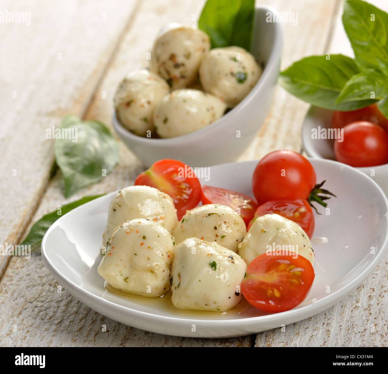 Mozzarella Cheese With Olive Oil ,Herbs , Spices And Tomatoes Stock