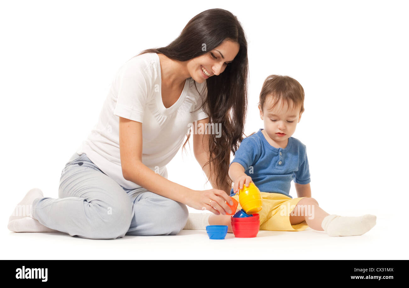 Mother and son playing game together isolated on white Stock Photo