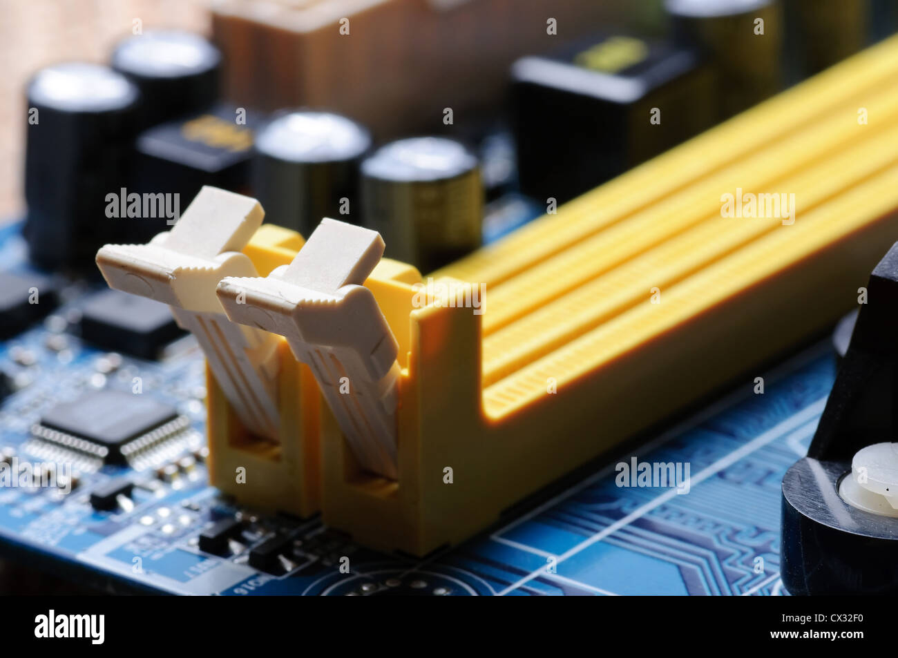 Memory slots on a motherboard of PC Stock Photo