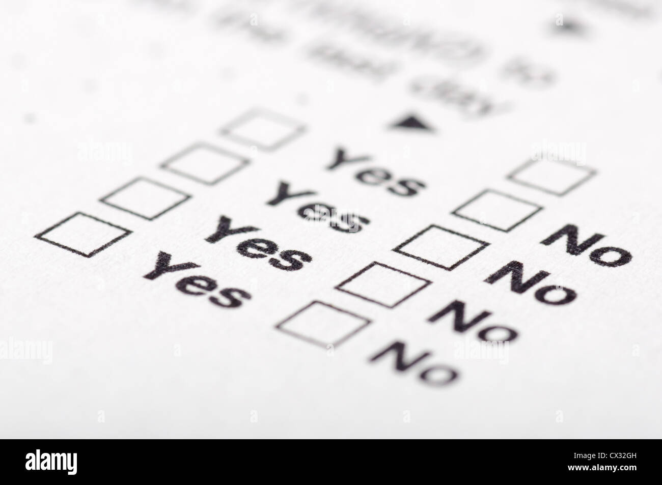 Customer questionnaire with YES and NO fields Stock Photo