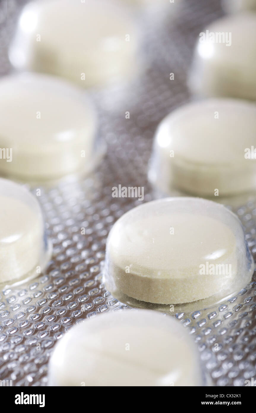 Closeup of white antibiotic pills in blister Stock Photo