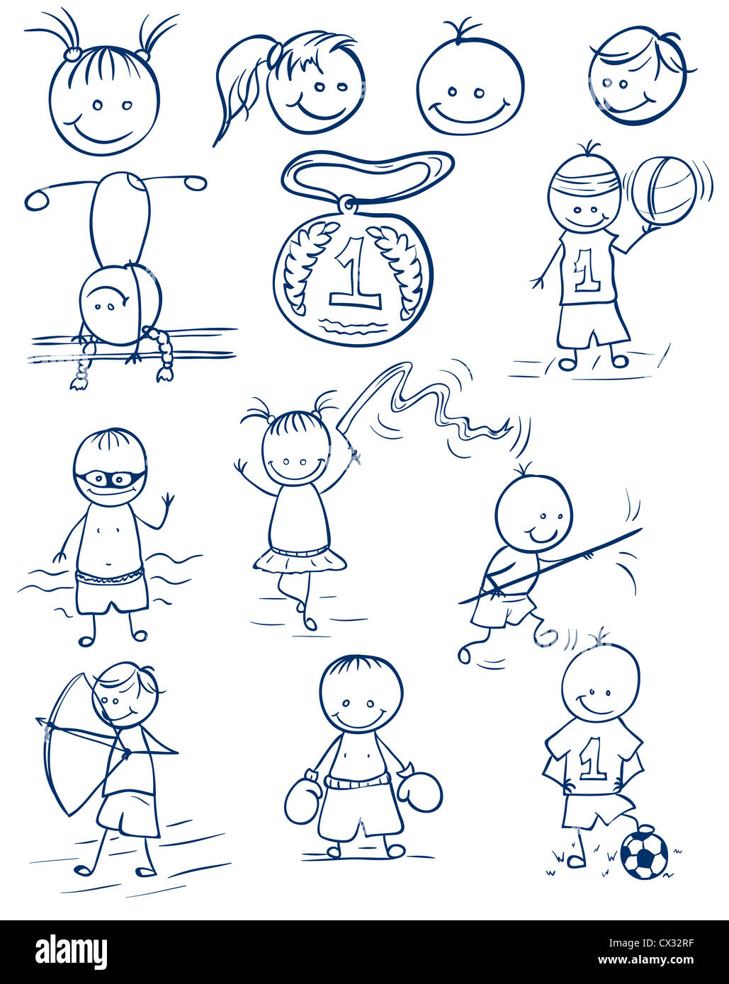 Funny children's pictures of different athletes. Illustration done in the style doodle. Stock Photo