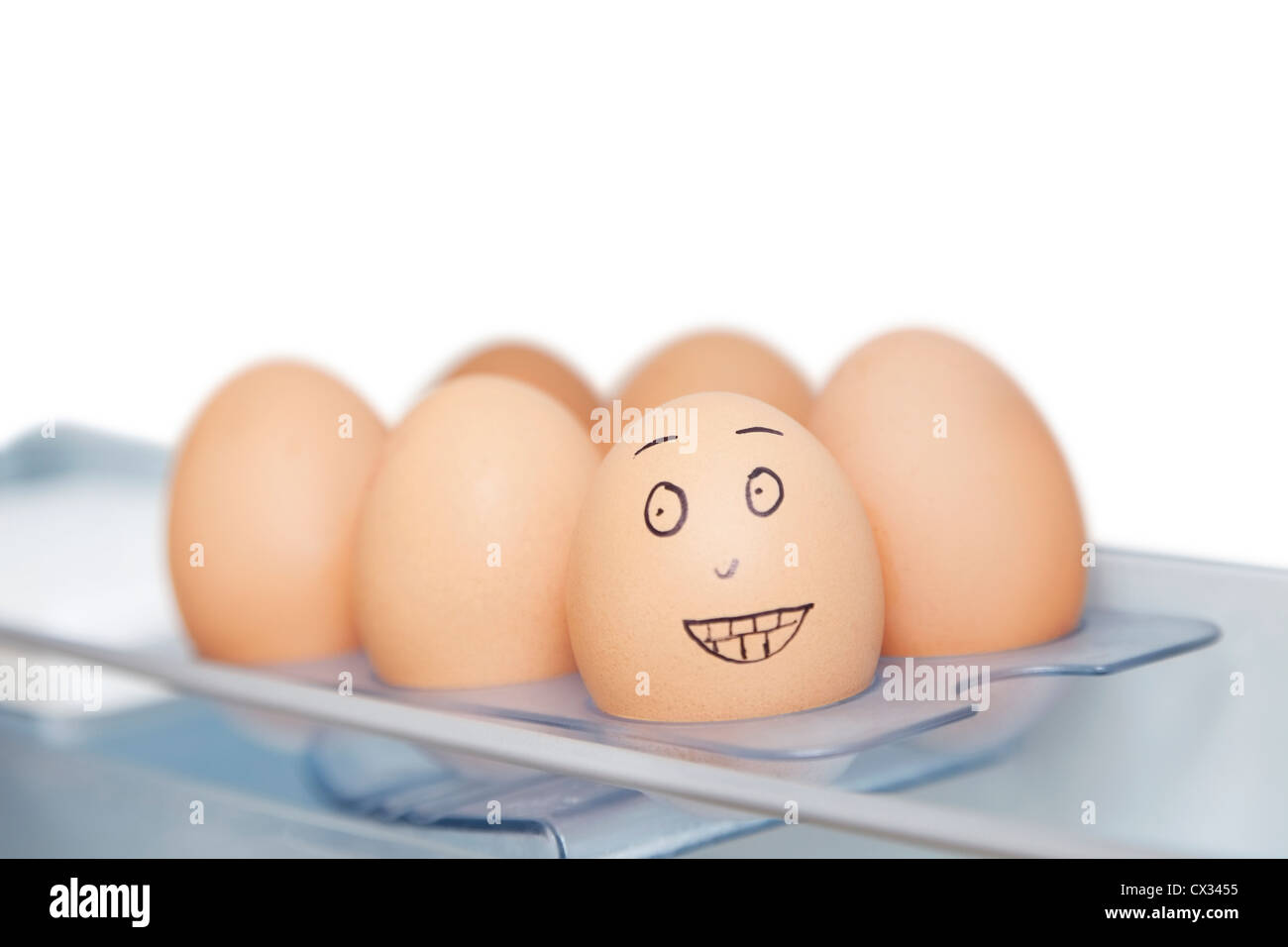 Anthropomorphic and plain brown eggs in carton against white background Stock Photo