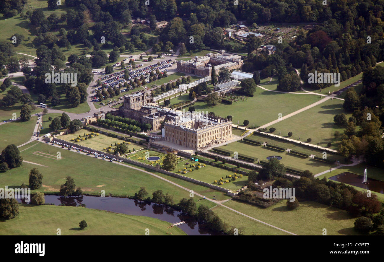 aerial view of Chatsworth House in Derbyshire Stock Photo
