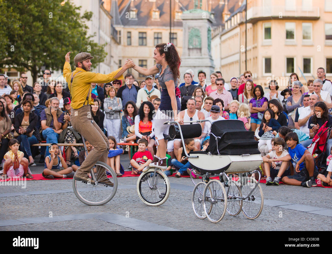 Luxembourg City - Streetart Animation. Cycling Circus - Love has wheels. Stock Photo