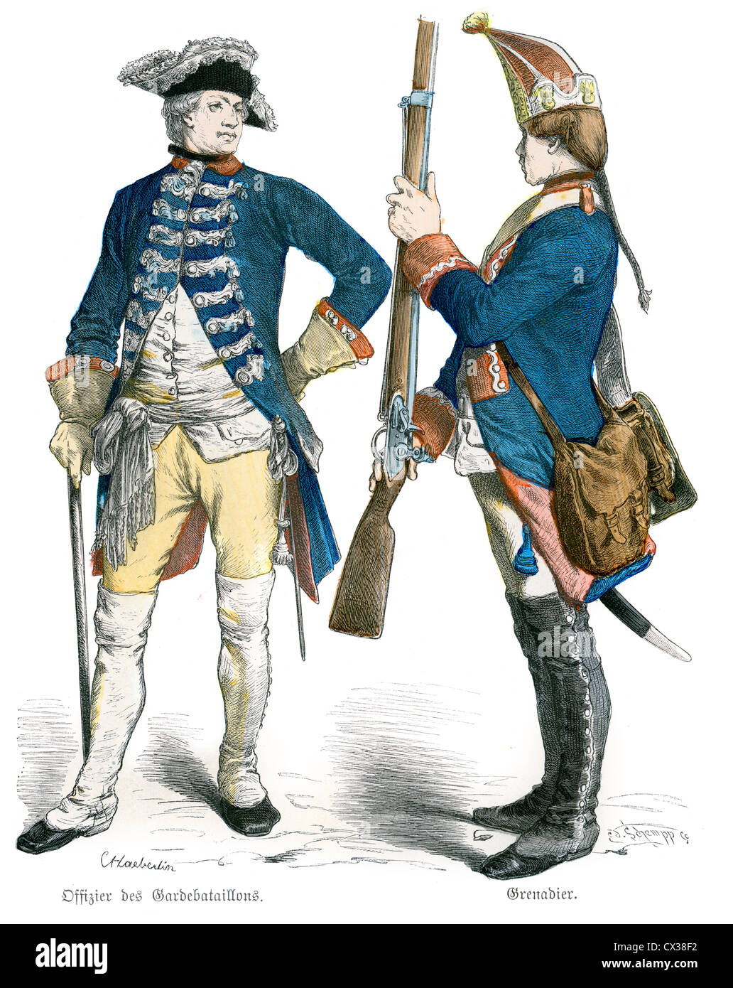 Prussian Officer and Grenadier Soldier from the 18th Century, circa 1770 Stock Photo
