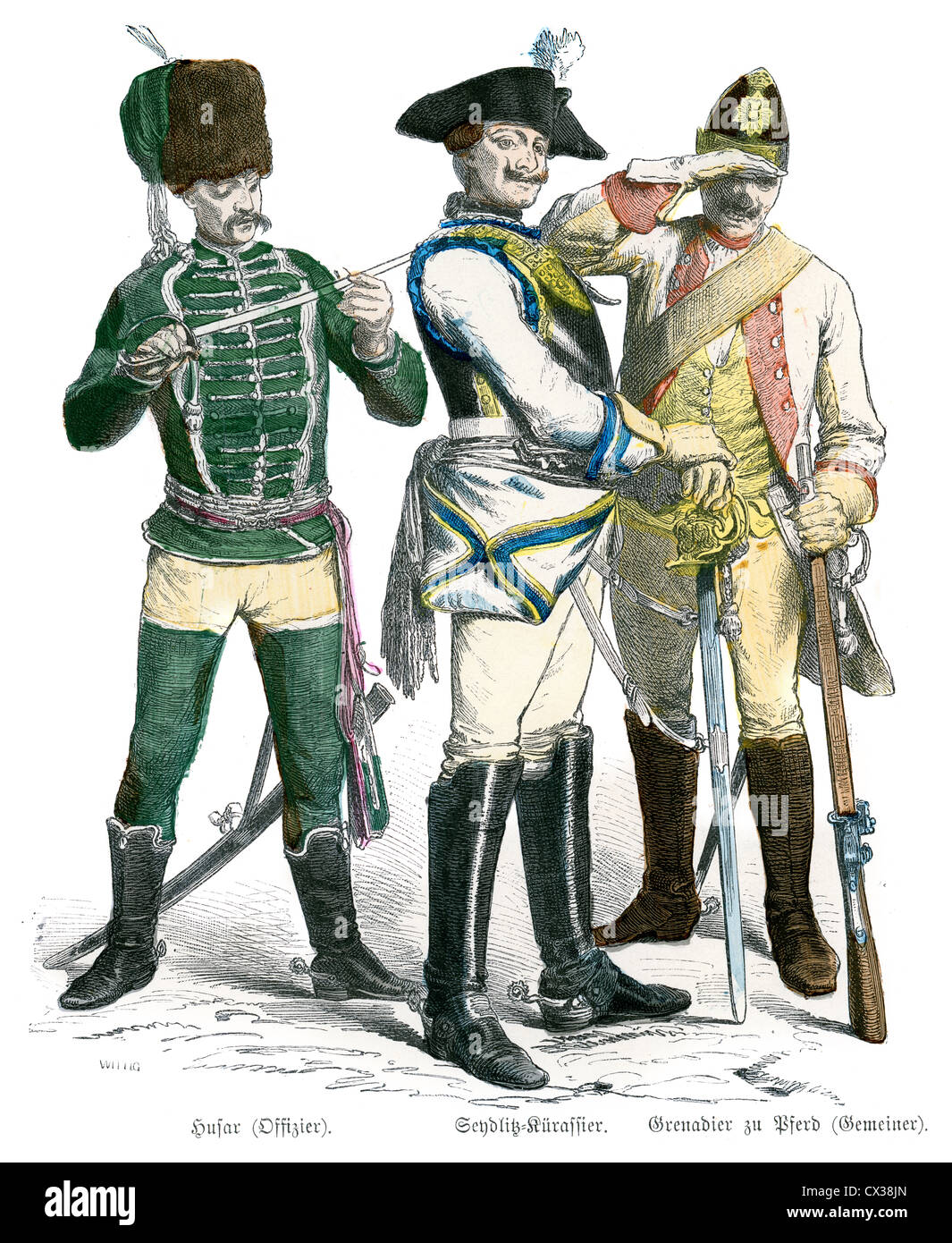 Prussian Hussar Officer, Seydlitz Cuirassier and Horse Grenadier from the 18th Century, circa 1770 Stock Photo