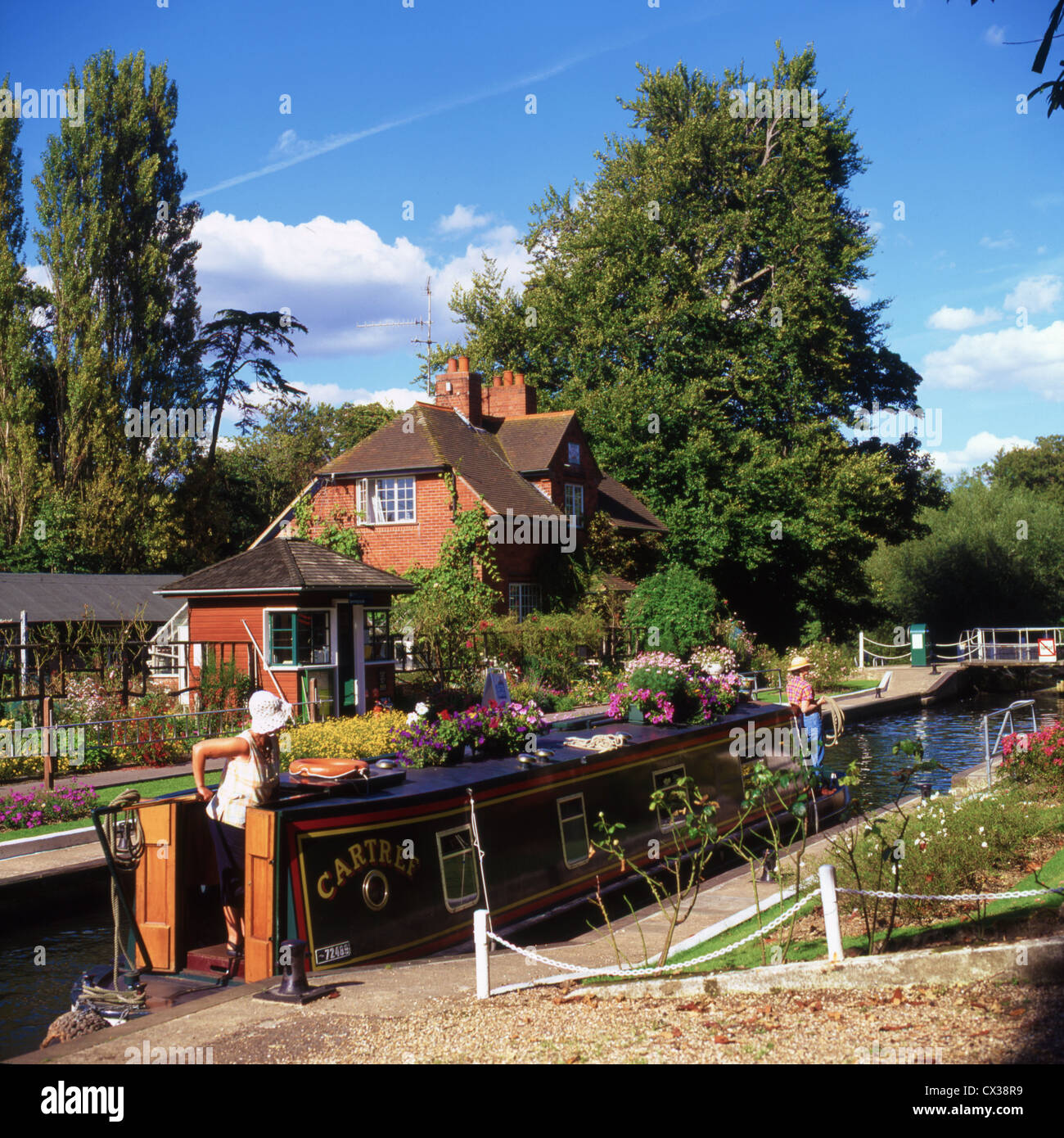 Narrow boat in Sonning Lock on River Thames Stock Photo