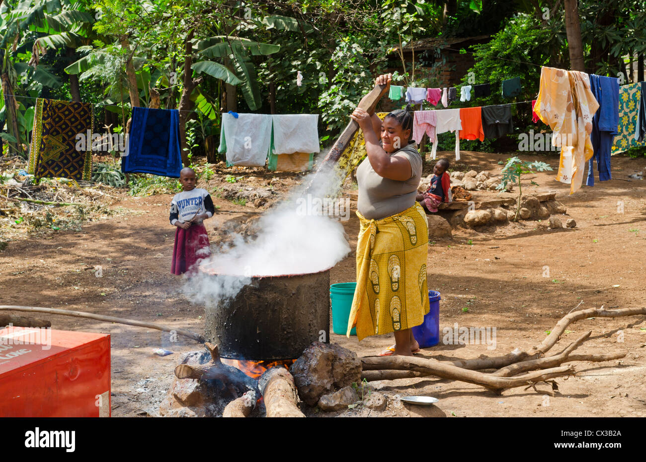 Mosquito Village Mto wa Mbu Tanzania Africa village woman cooking big pot of banana beer for sale to tourists #6 Stock Photo