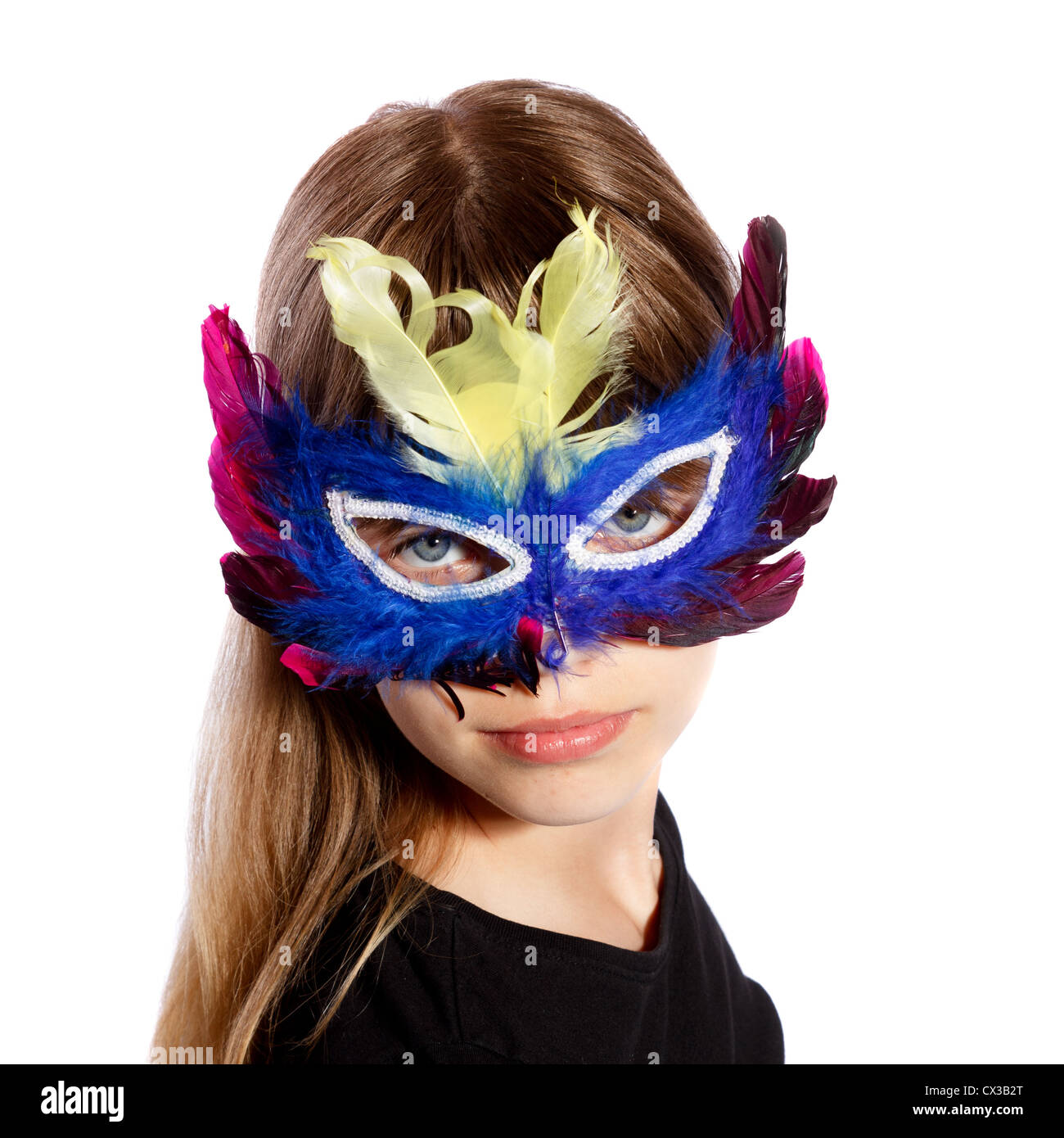 girl with colorful feather masks on white background Stock Photo - Alamy