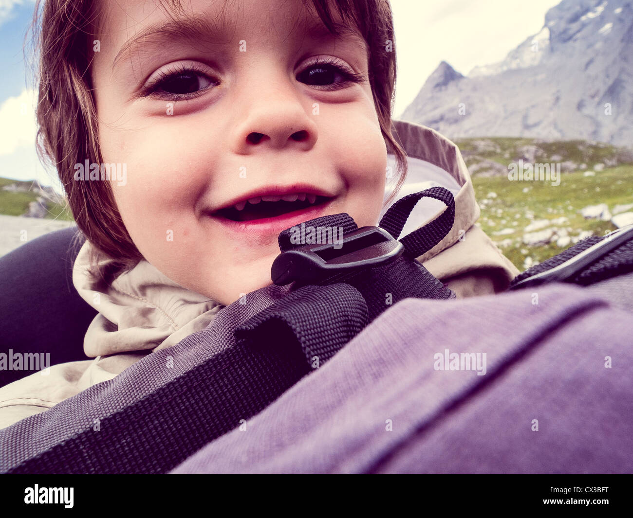 baby in the backpack makes hiking Stock Photo Alamy