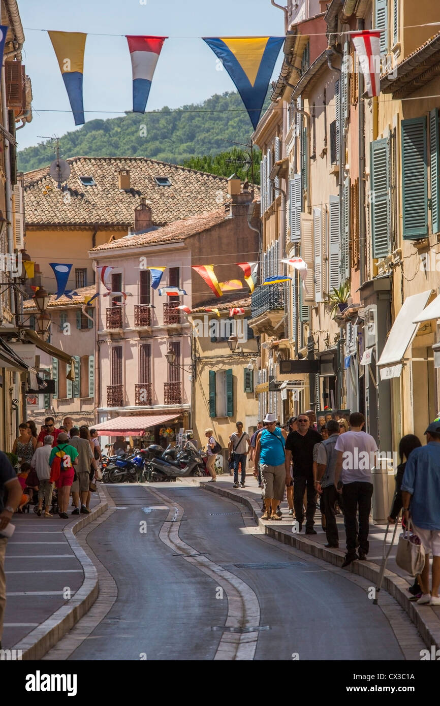 A busy street in the resort of St Tropez on the Cote d'Azur in the South of France. Stock Photo