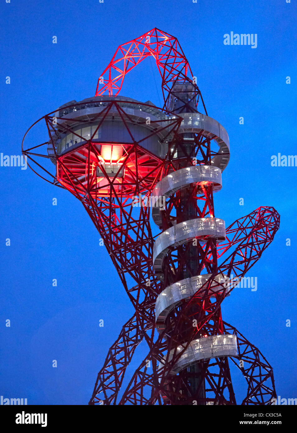 The Orbit, London 2012 Olympics, London, United Kingdom. Architect: Anish Kapoor, 2012. Twilight view from below. Stock Photo