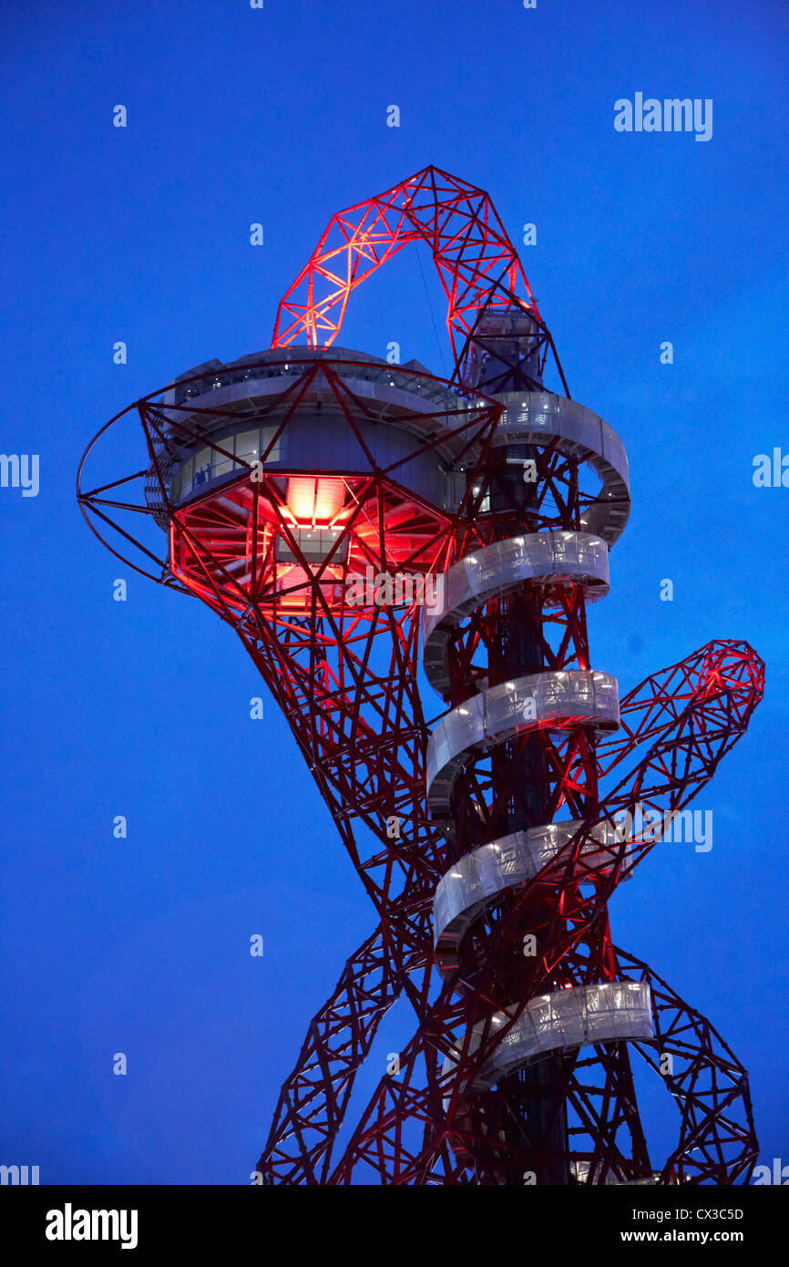 The Orbit, London 2012 Olympics, London, United Kingdom. Architect: Anish Kapoor, 2012. Twilight view from below. Stock Photo