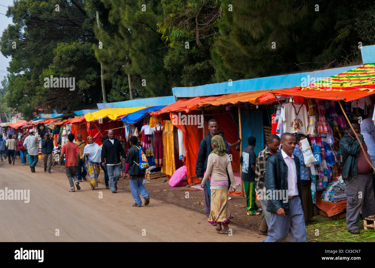 Addis Ababa Ethiopia Africa shops along road in downtown with stalls