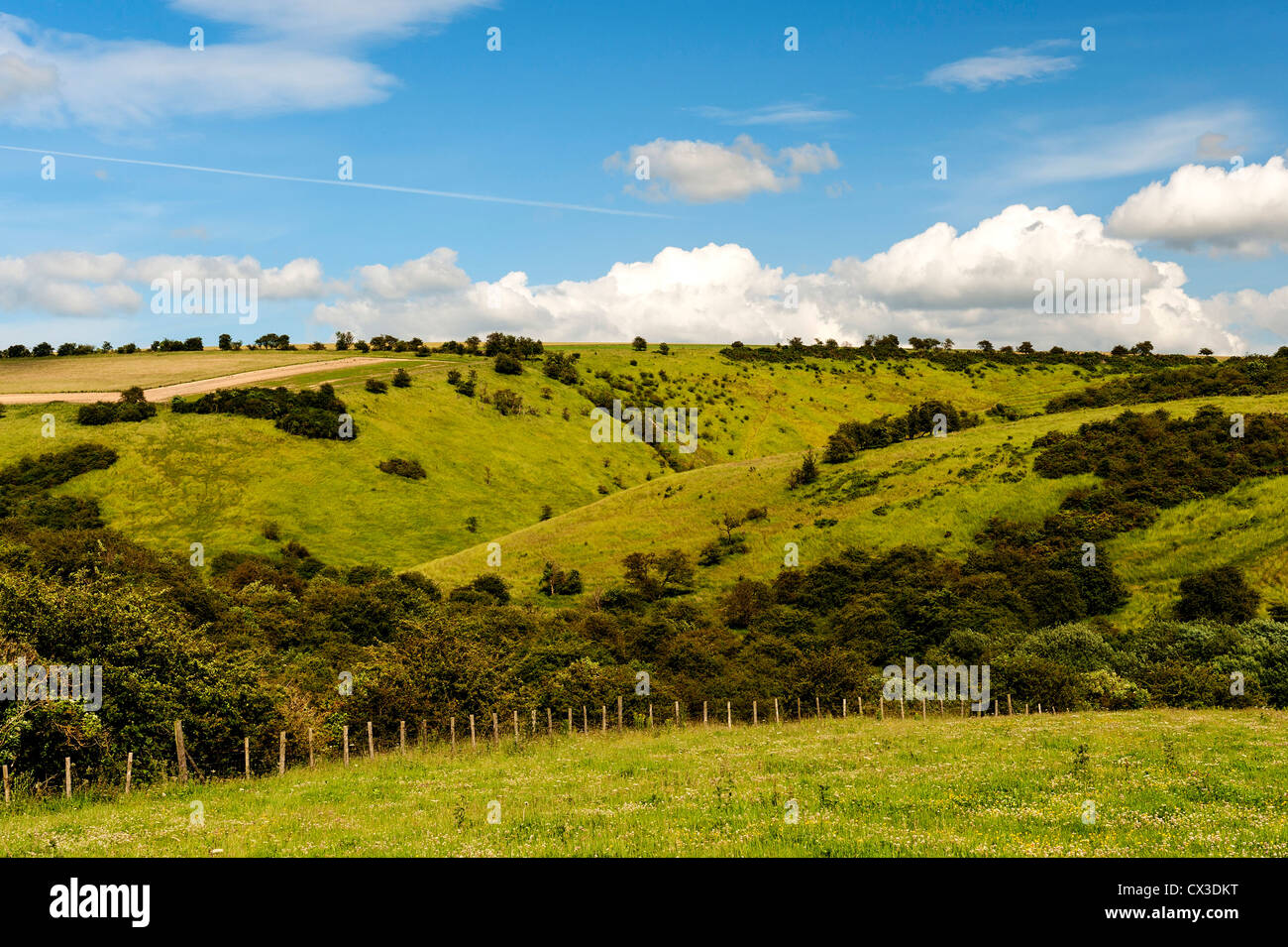 A view overlooking Millington Pastures, near Bishop Wilton on the Yorkshire Wolds Stock Photo