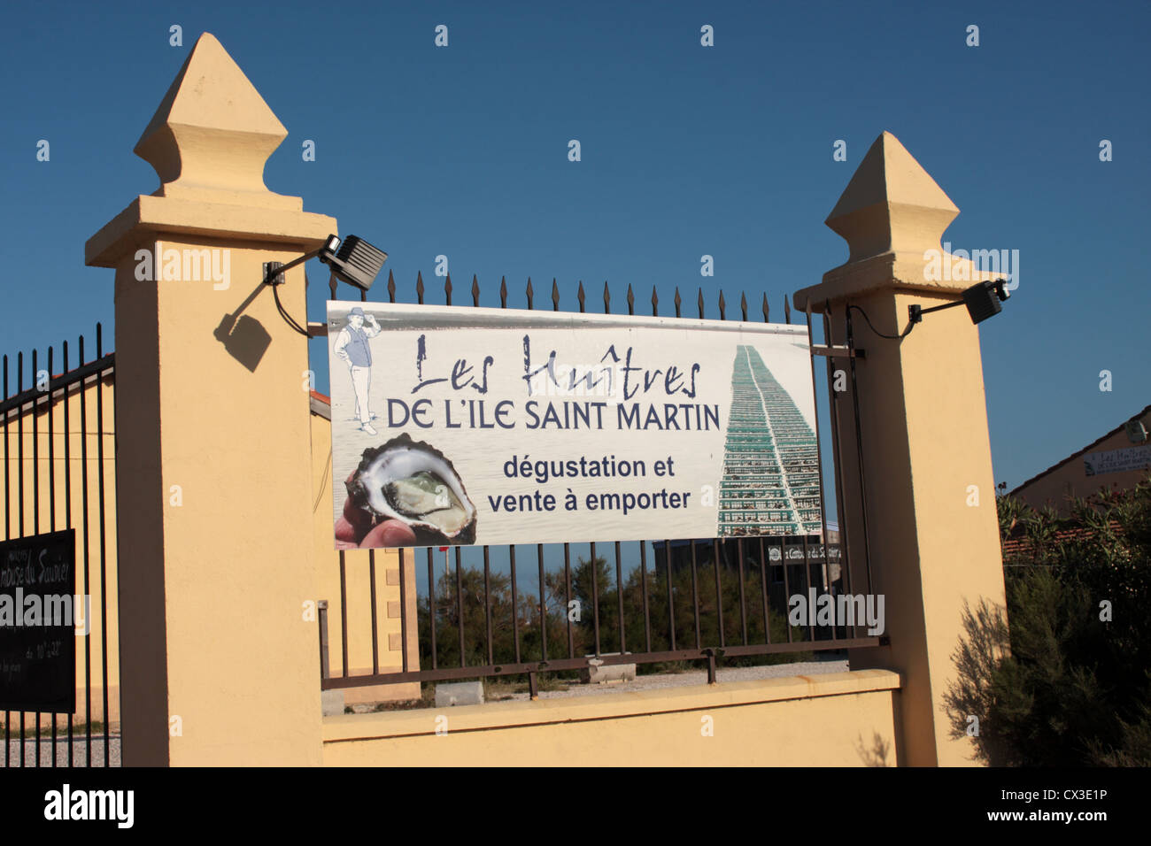 Sign advertising the Saint Martin oyster farm and restaurant Gruissan