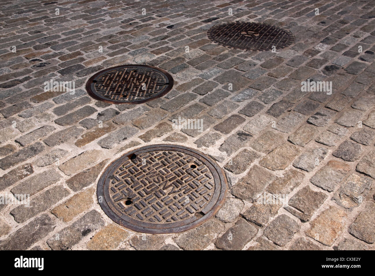 Manhole covers in Brooklyn, New York.  The WSNY stands for 'Water Supply of New York.' Stock Photo