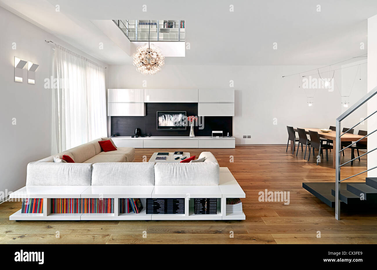 modern living room with wood floor and white walls Stock Photo - Alamy