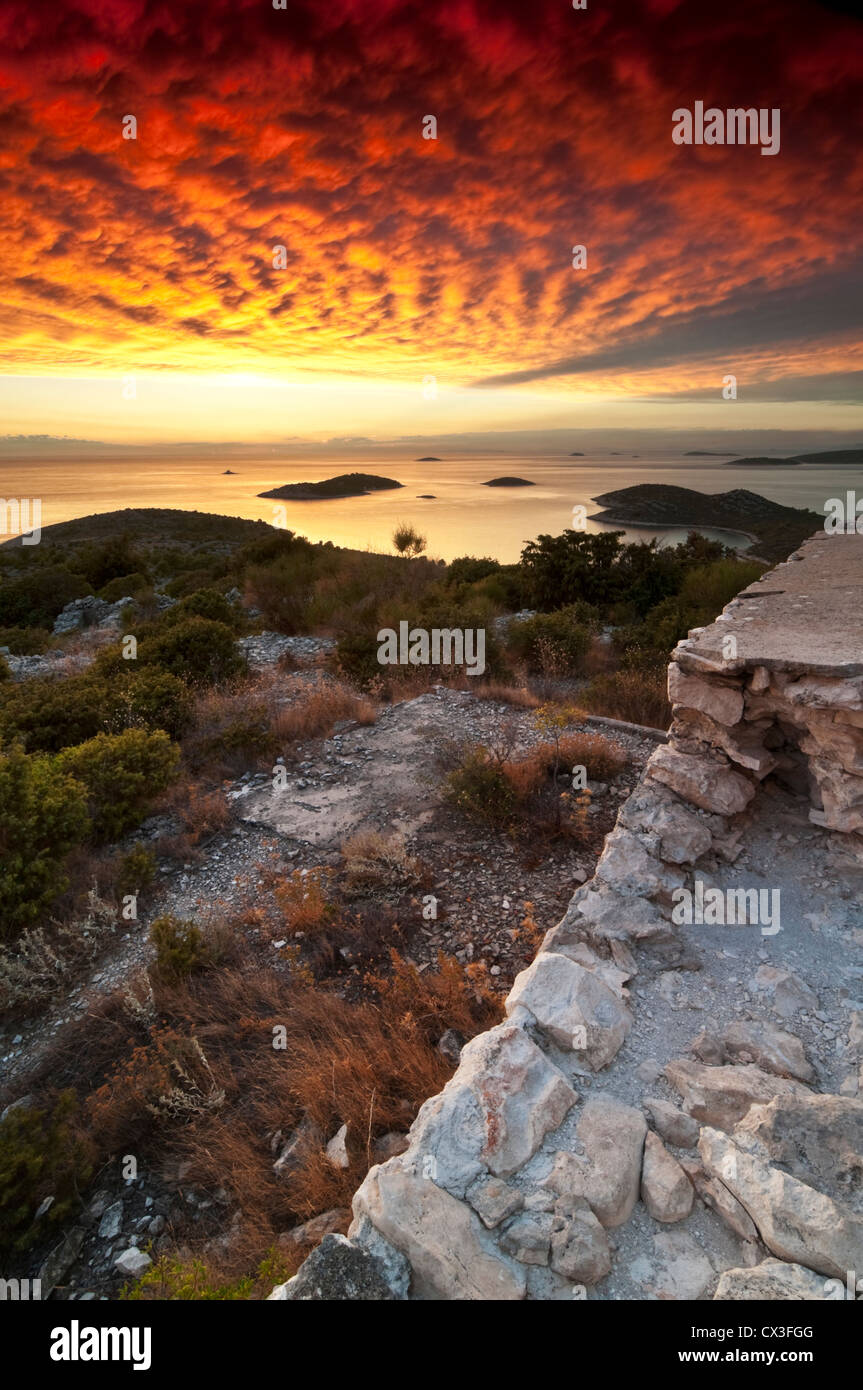 Sunset view over Adriatic sea from the ruins of old fort. Stock Photo
