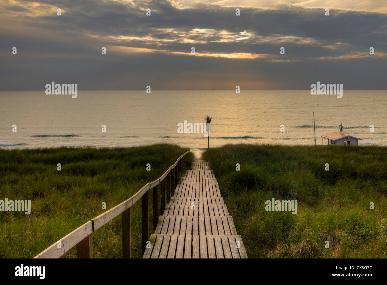 boardwalk, dunes, sunset, Westerland, Sylt, Schleswig-Holstein, Germany Stock Photo