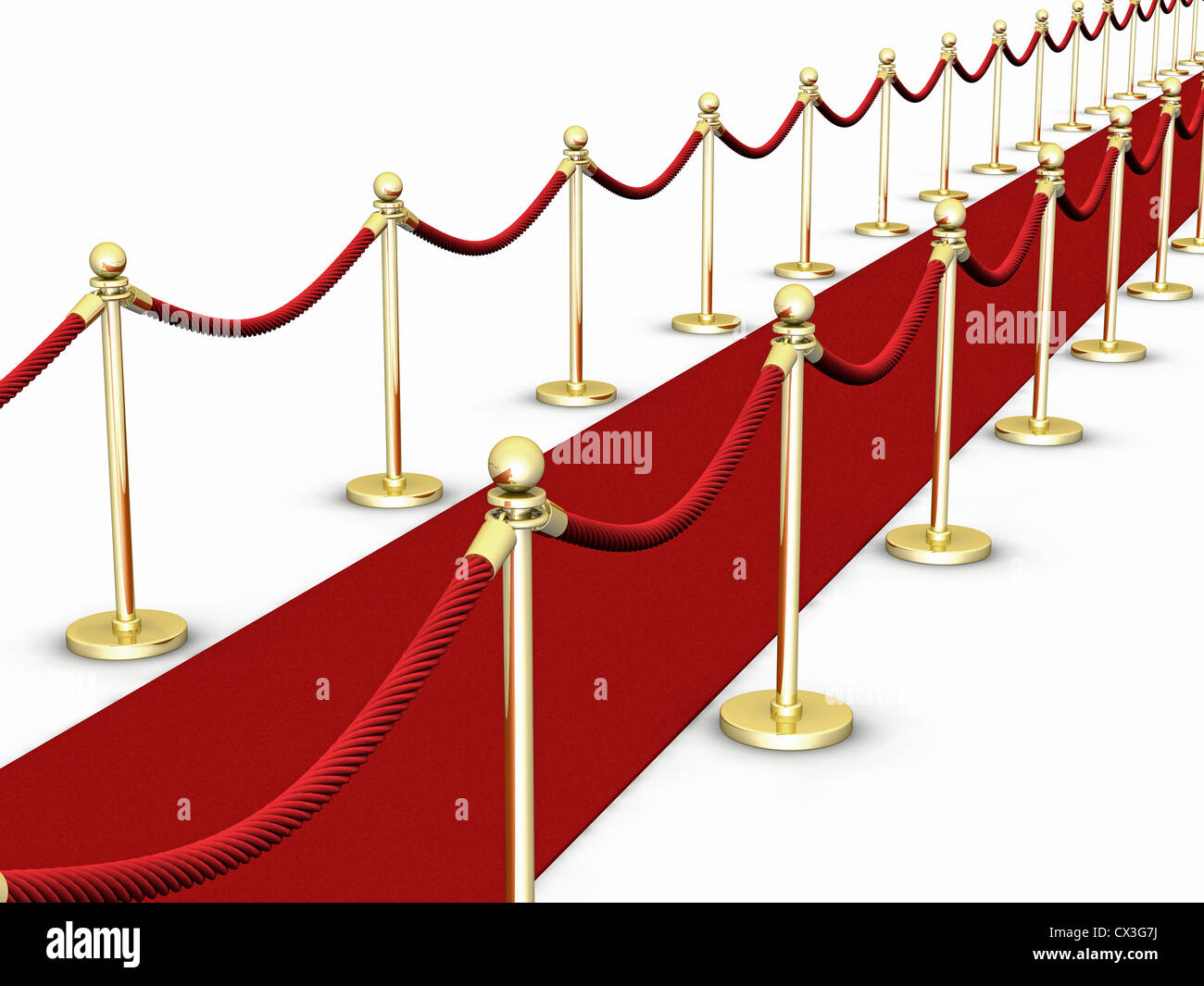 Roter Teppich mit Absperrung auf weiß - red carpet and a rope or twine to keep people away on white Stock Photo