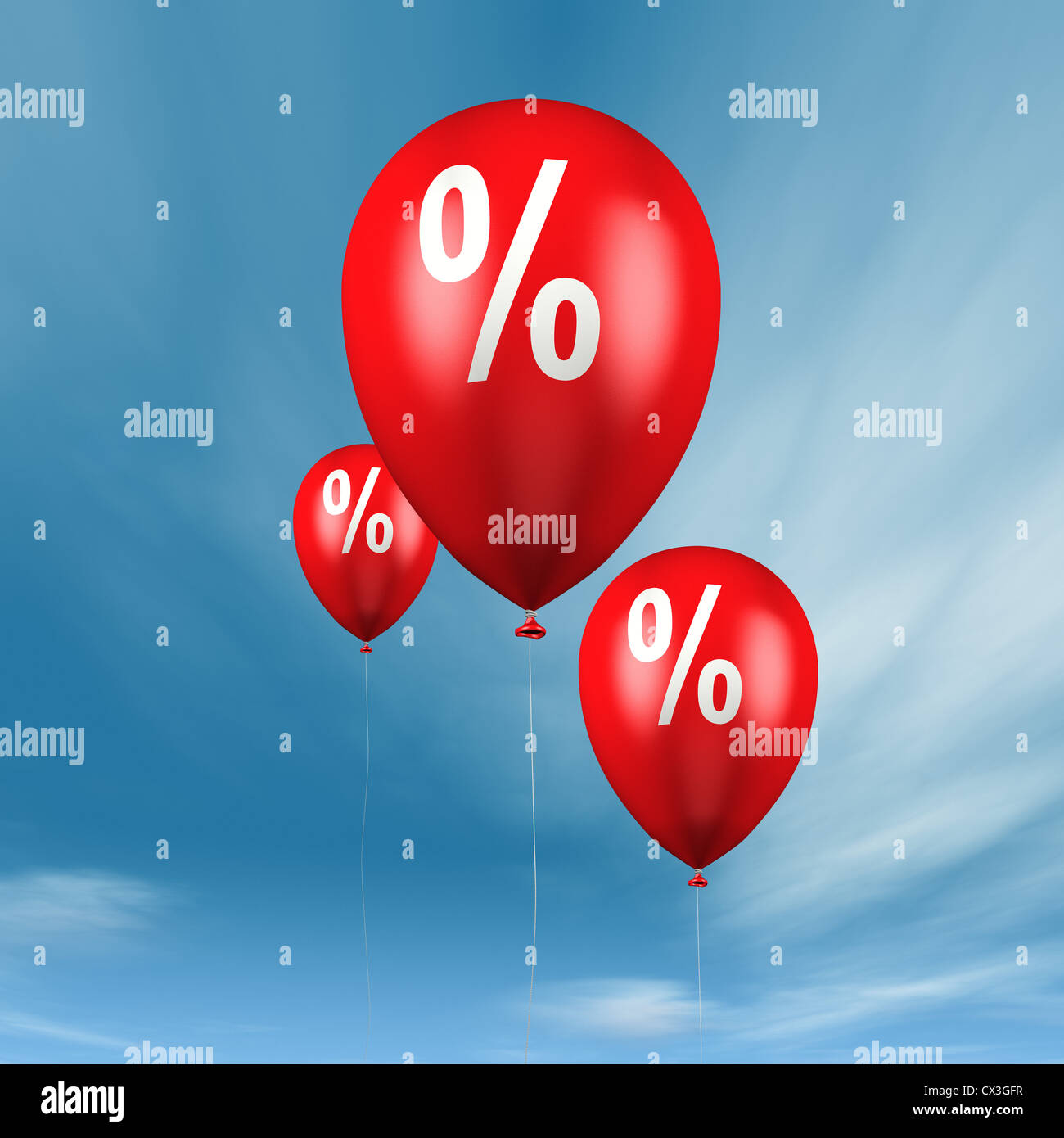 Ballons mit Prozentzeichen vor blauem Himmel - balloons with percentage sign in blue sky Stock Photo