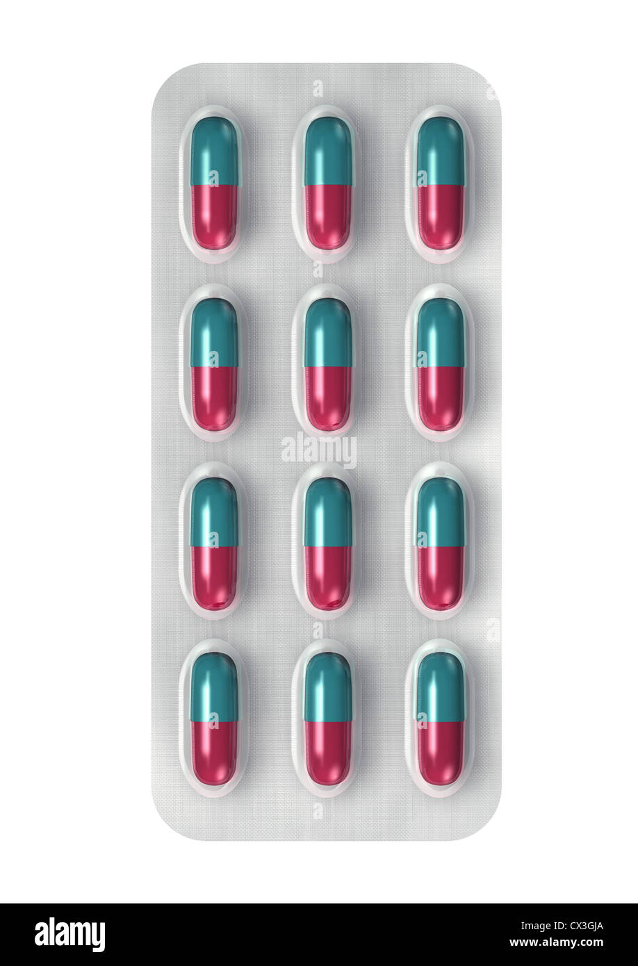 Rot-Grüne Kapseln in einer Blister Verpackung aus weiß - Red-Green Capsules with Medicine in a Blister Pack Stock Photo
