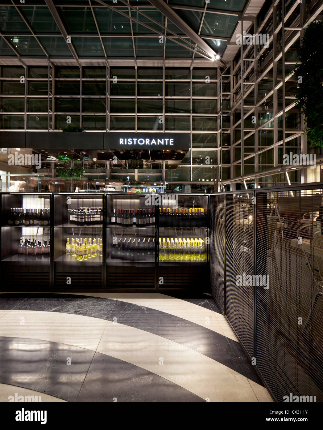 Obika Canary Wharf, London, United Kingdom. Architect: Labics, 2012. Drinks storage and ristorante signage. Stock Photo
