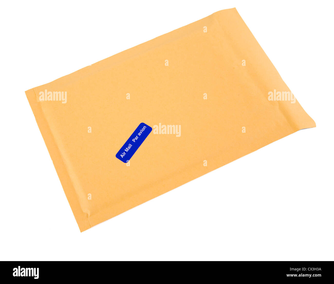 A brown bubble padded envelope with an airmail (in both English and French) sticker attached. Stock Photo