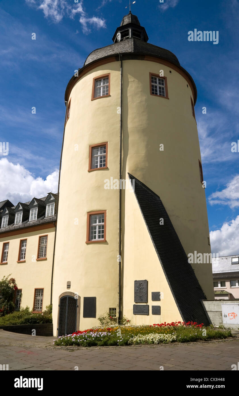 "Dicke Turm" (fat tower) and the "Unteres Schloss" (lower palace) in Siegen, North Rhine Westphalia, Germany. Stock Photo