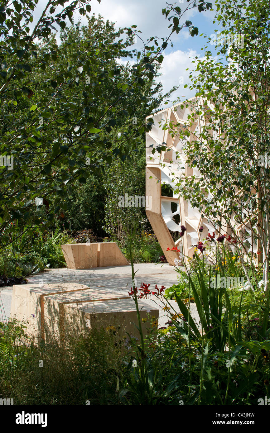 Times Eureka Pavilion, Kew, United Kingdom. Architect: NEX, 2011. Exterior view of entrance and outdoor seating. Stock Photo