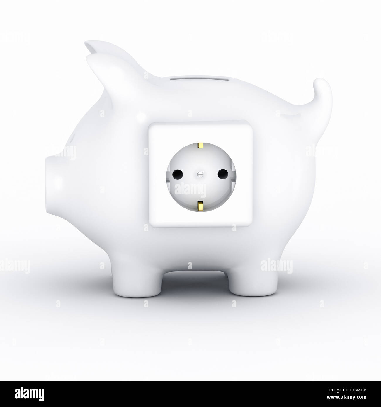 Sparschwein mit Steckdose auf weissem Hintergrund - outlet and piggy bank Stock Photo