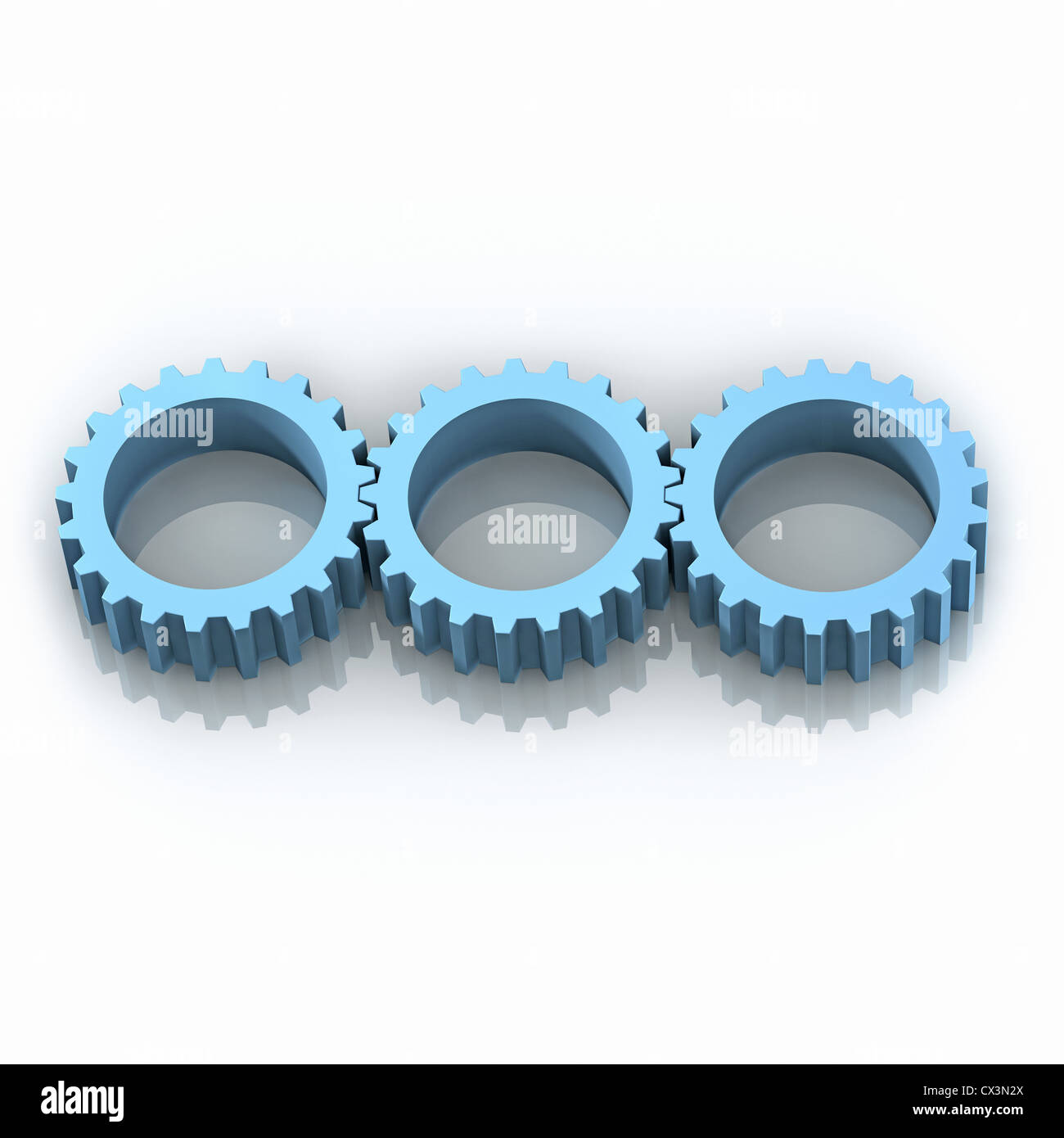 Three Gear Wheels Working together - 3 blaue Zahnräder in einer Reihe auf weissem Hintergrund Stock Photo