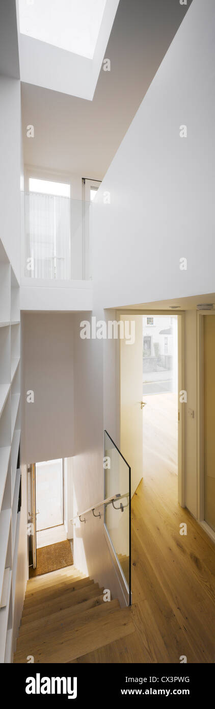 Private Residence Grangegorman, Dublin 7, Ireland. Architect: ODOS Architects, 2009. View from first floor landing showing stair Stock Photo