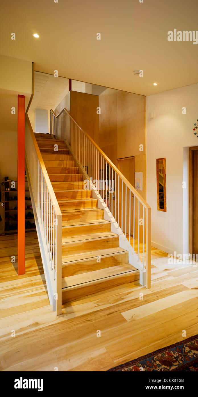 Ballynoe, Dublin, Ireland. Architect: McCullough Mulvin, 2006. View of stairs showing timber flooring. Stock Photo